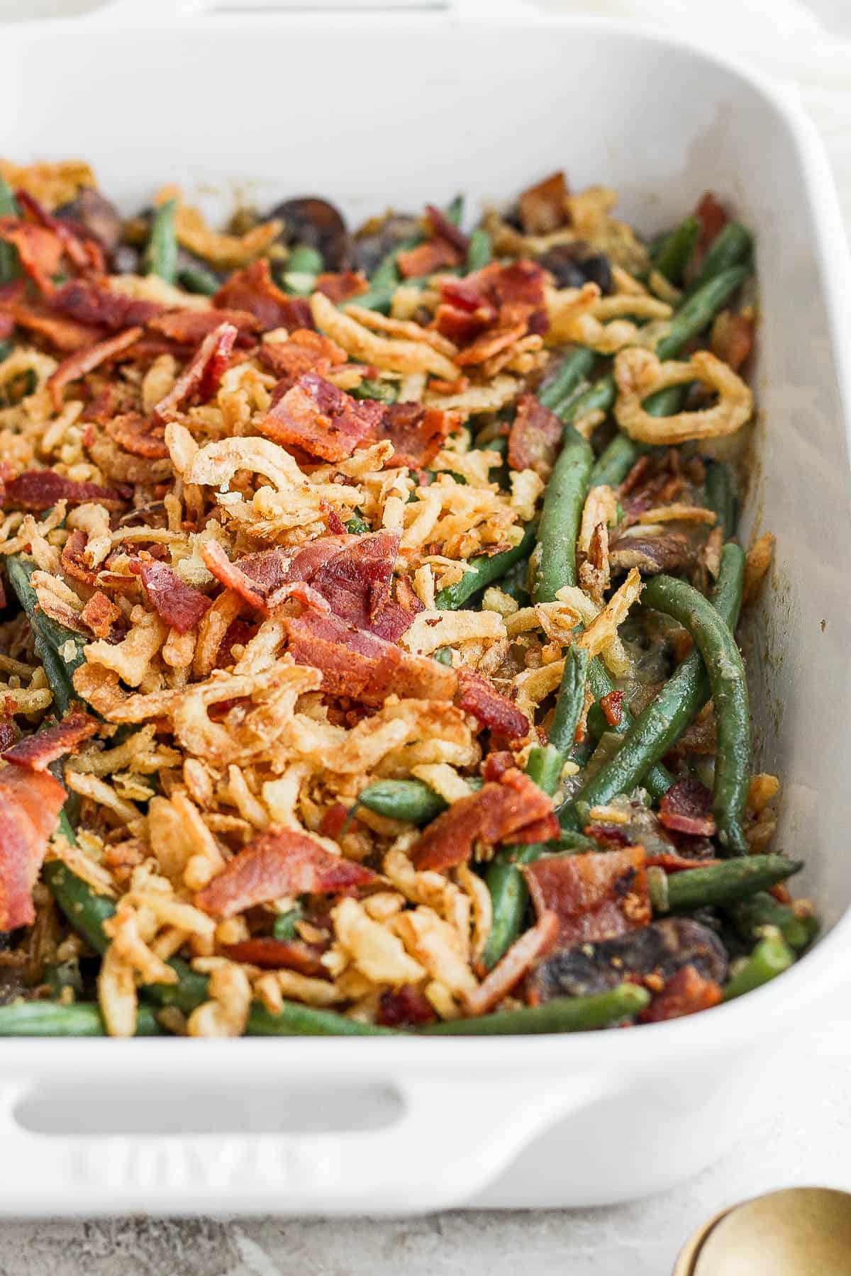 Close up of the green bean casserole with bacon.