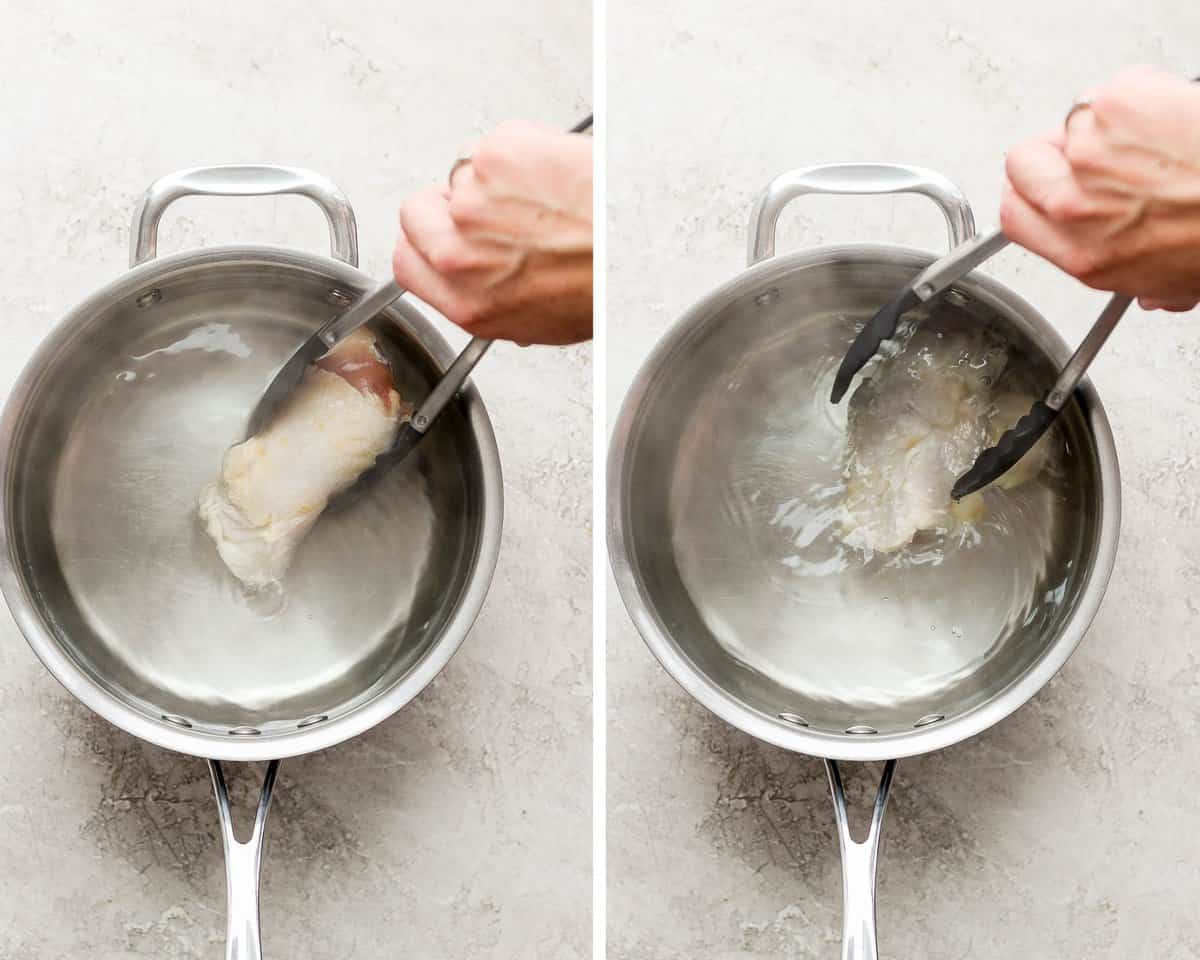 A hand using tongs to gently place a chicken thigh into a pot of water. 