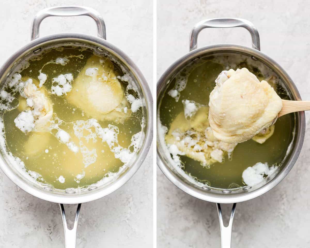 A wooden spoon scooping out a boiled chicken thigh from a pot of water.