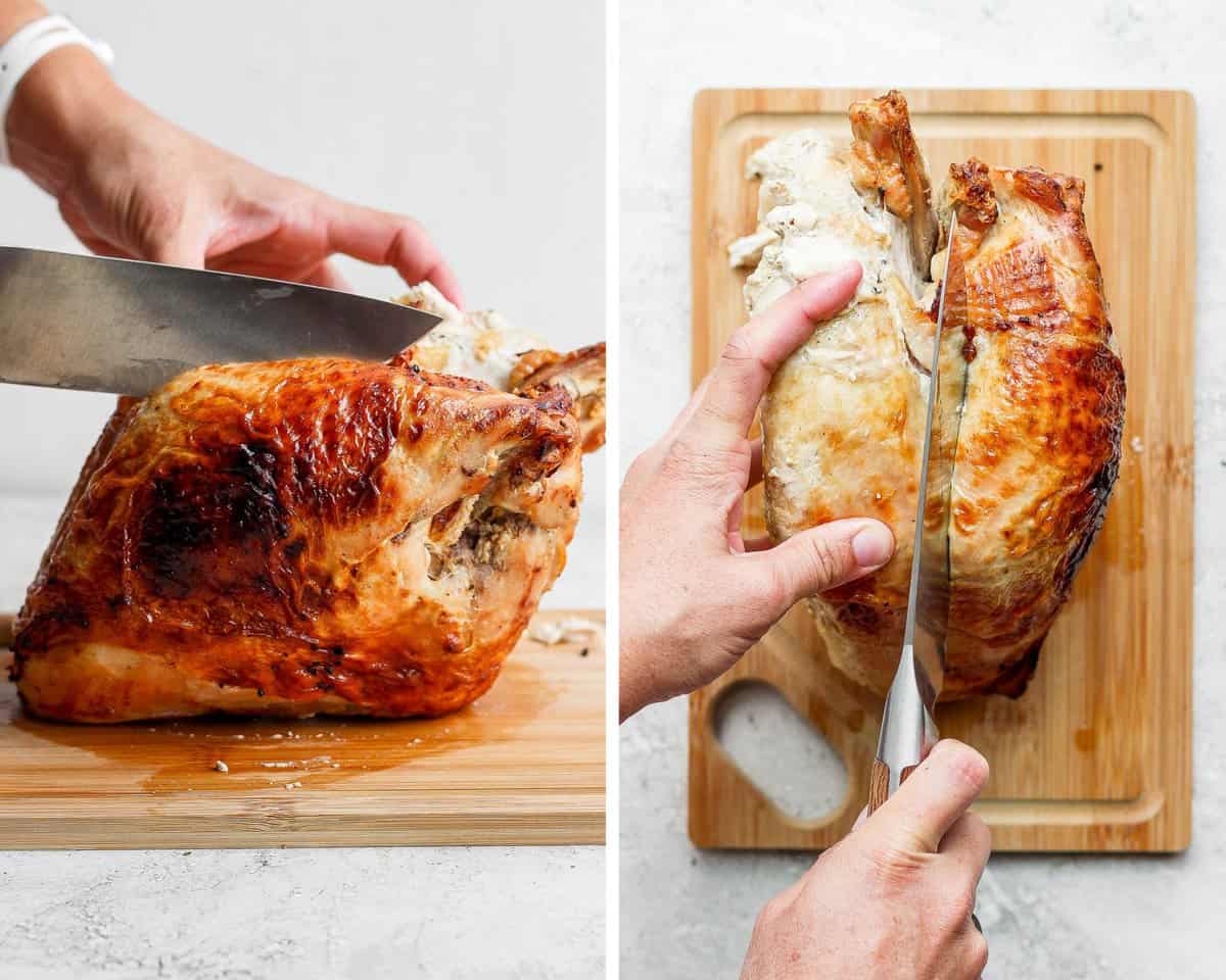 Two images showing the knife being inserted to the side of the breastbone and moving down the breast.