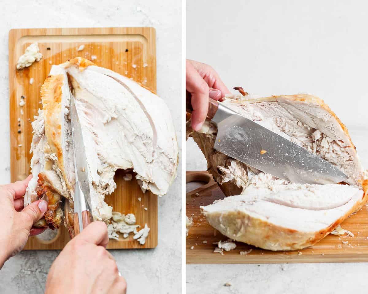 Two images showing the knife completely detaching the other turkey breast from the bones.