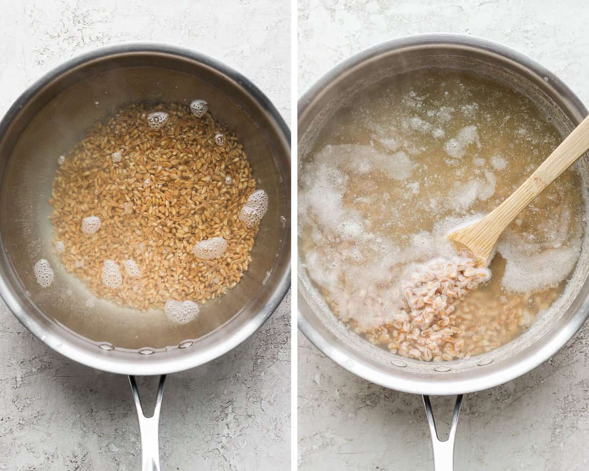 Two images showing farro in the pot right after it was added and then after it has fully cooked.