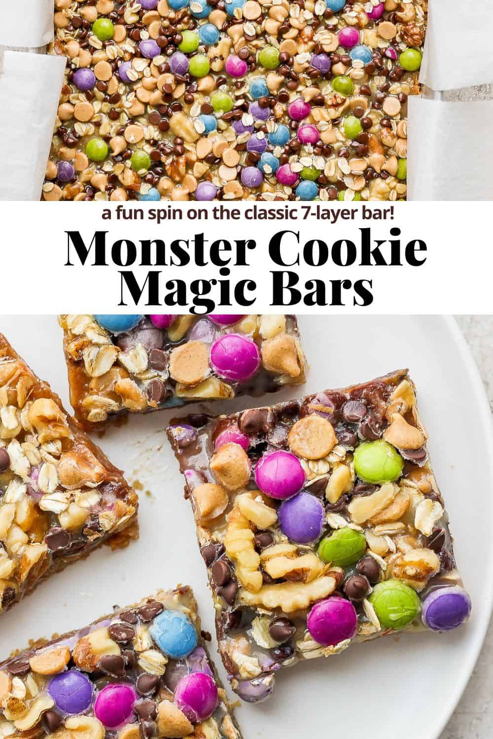 Pinterest image for monster cookie magic bars.