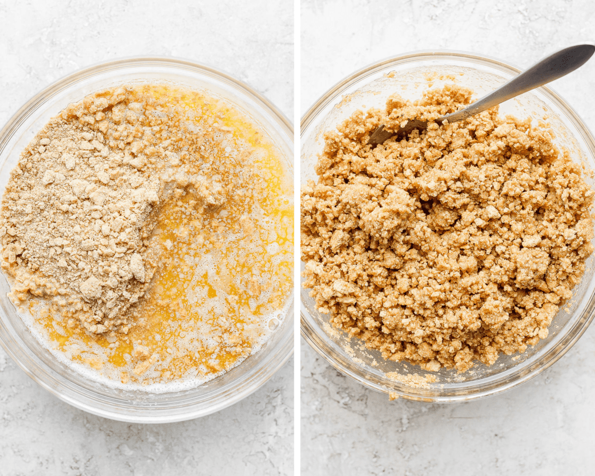 Two images showing the crushed graham crackers and butter in a bowl and then mixed together.