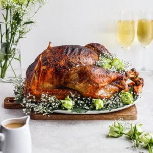 A butter and sage roasted turkey for Thanksgiving.