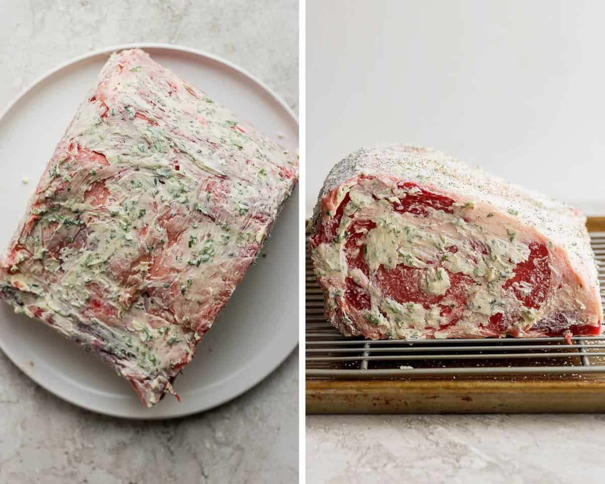 Two images with one showing the herbed butter on the prime rib on a plate and one with the prime rib on a wire rack.