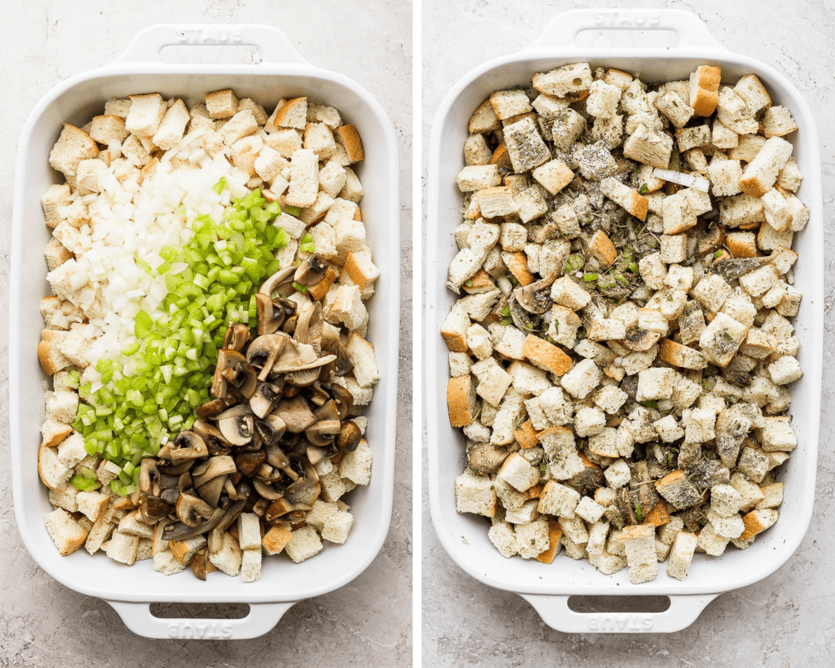 Two images showing the onion, celery, and herbs added and mixed into the bread cubes in the baking dish.
