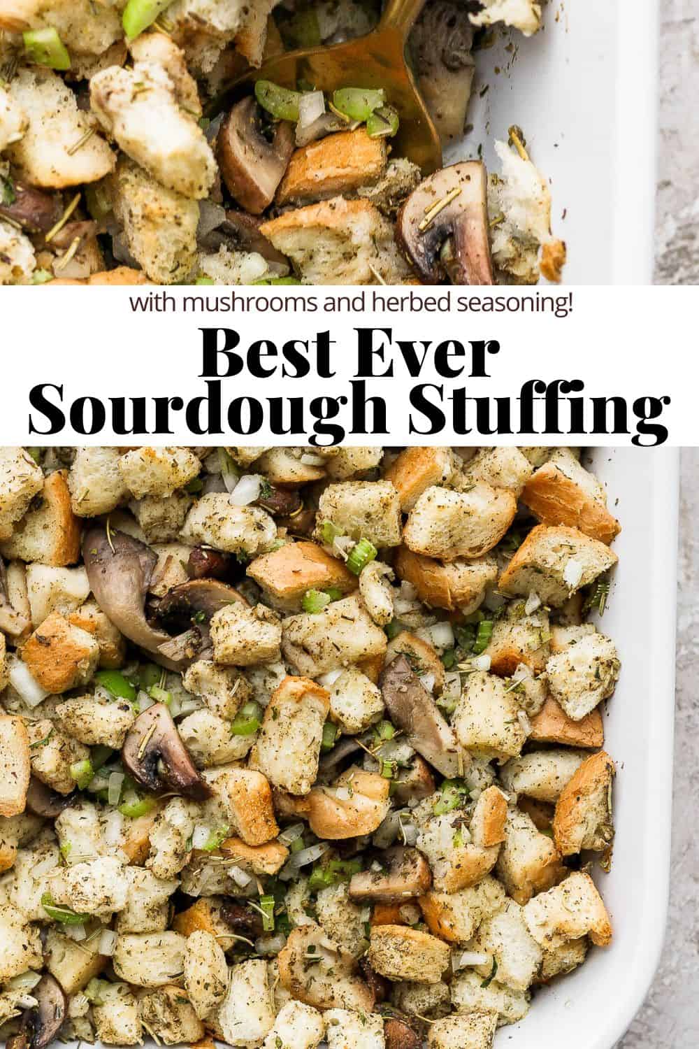Pinterest image for the best ever sourdough stuffing recipe.