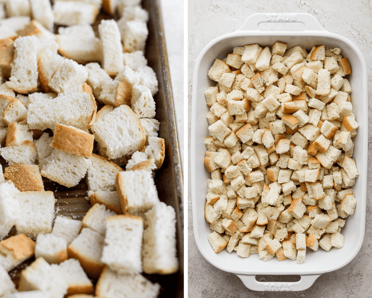 Two images showing the bread cubes drying on a baking sheet and the bread cubes in a baking dish.