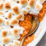 A close up shot of a spoon sticking out of a sweet potato casserole with marshmallows on top.