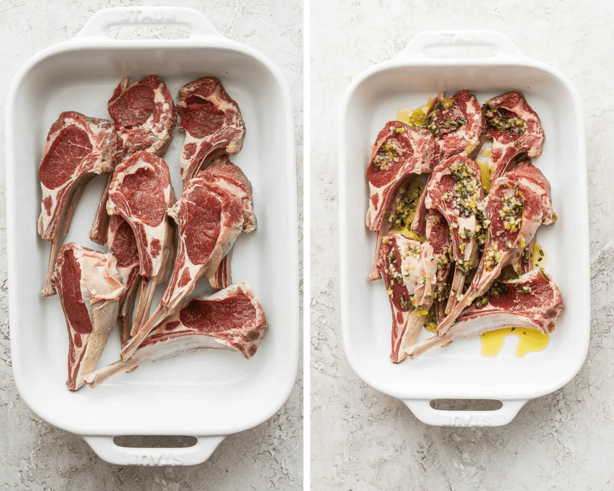 Seven lamb chops in a shallow baking dish topped with marinade.