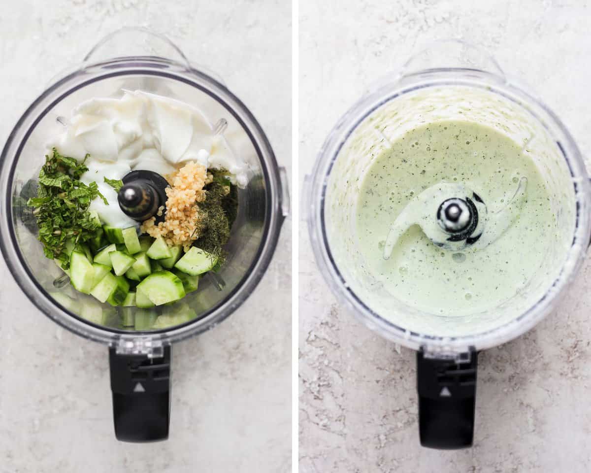 Two images showing the homemade tzatziki sauce before being blended and after.