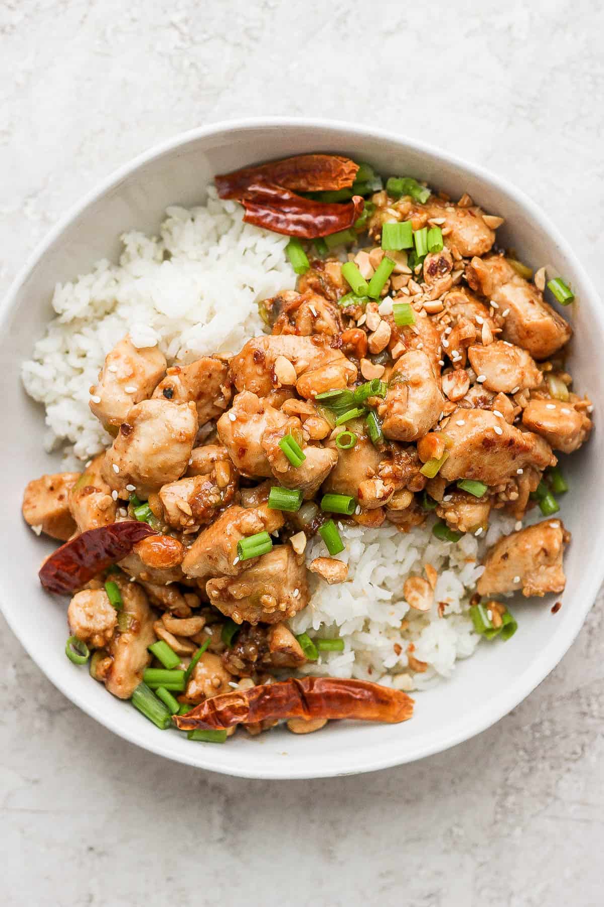 Kung pao chicken in a bowl.