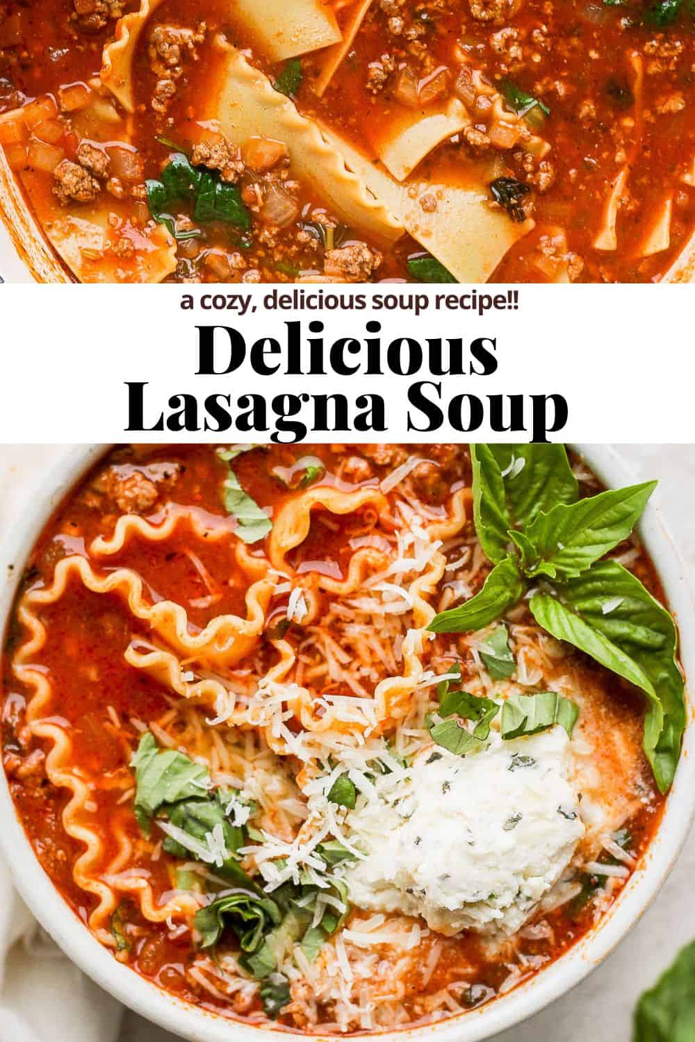 Pinterest image for lasagna soup.