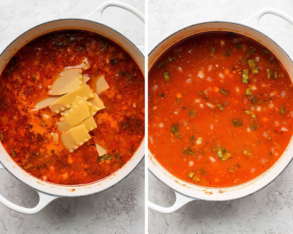Two images showing the lasagna noodles added to the pot.