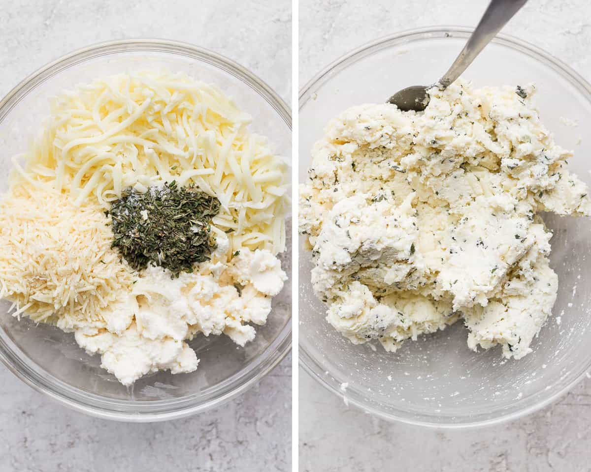 Two images showing the ricotta cheese mixture before and after being mixed in a mixing bowl.