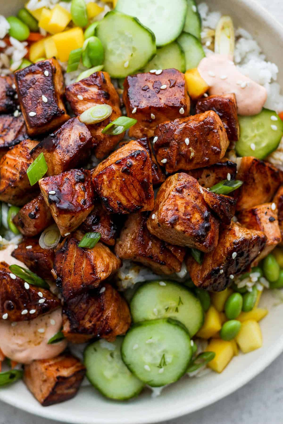 Marinated and cooked salmon on top of a rice bowl with a few sliced green onions on top.