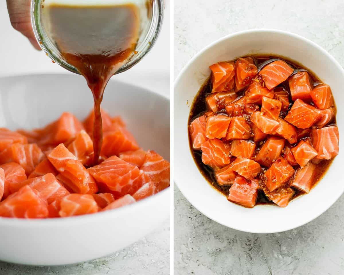 A side by side image with the first image showing a cup pouring marinade over the salmon chunks in a bowl.  The second image is shot of the chunks of salmon and marinade in a bowl.