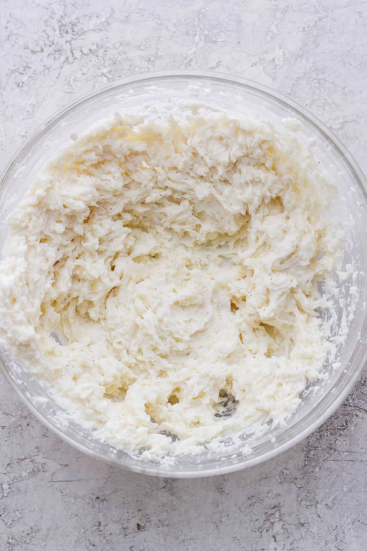 The potato filling whipped together in a large mixing bowl.
