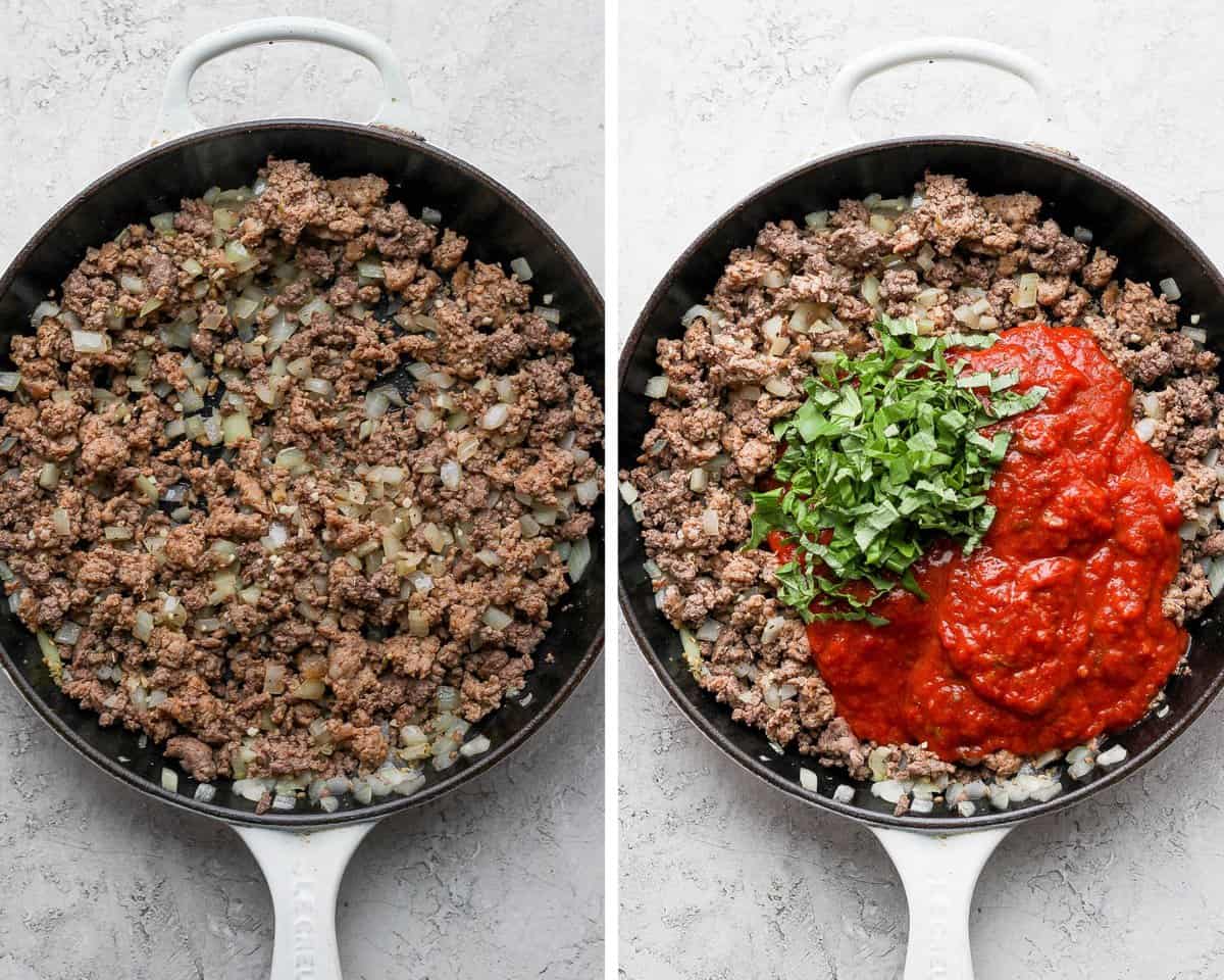 A side by side image with the first image showing ground beef, italian sausage, onion, and garlic cooked in a cast iron skillet. The second image shows that same mixture but with marinara sauce and fresh, sliced basil on top. 