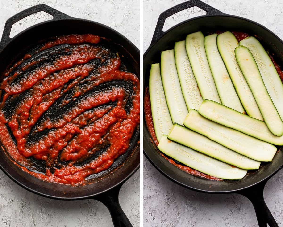 A side by side image with the first image showing meat sauce spread evenly on the bottom of the cast iron skillet. The next image shows 12 strips of zucchini evenly layered on top of the meat sauce.