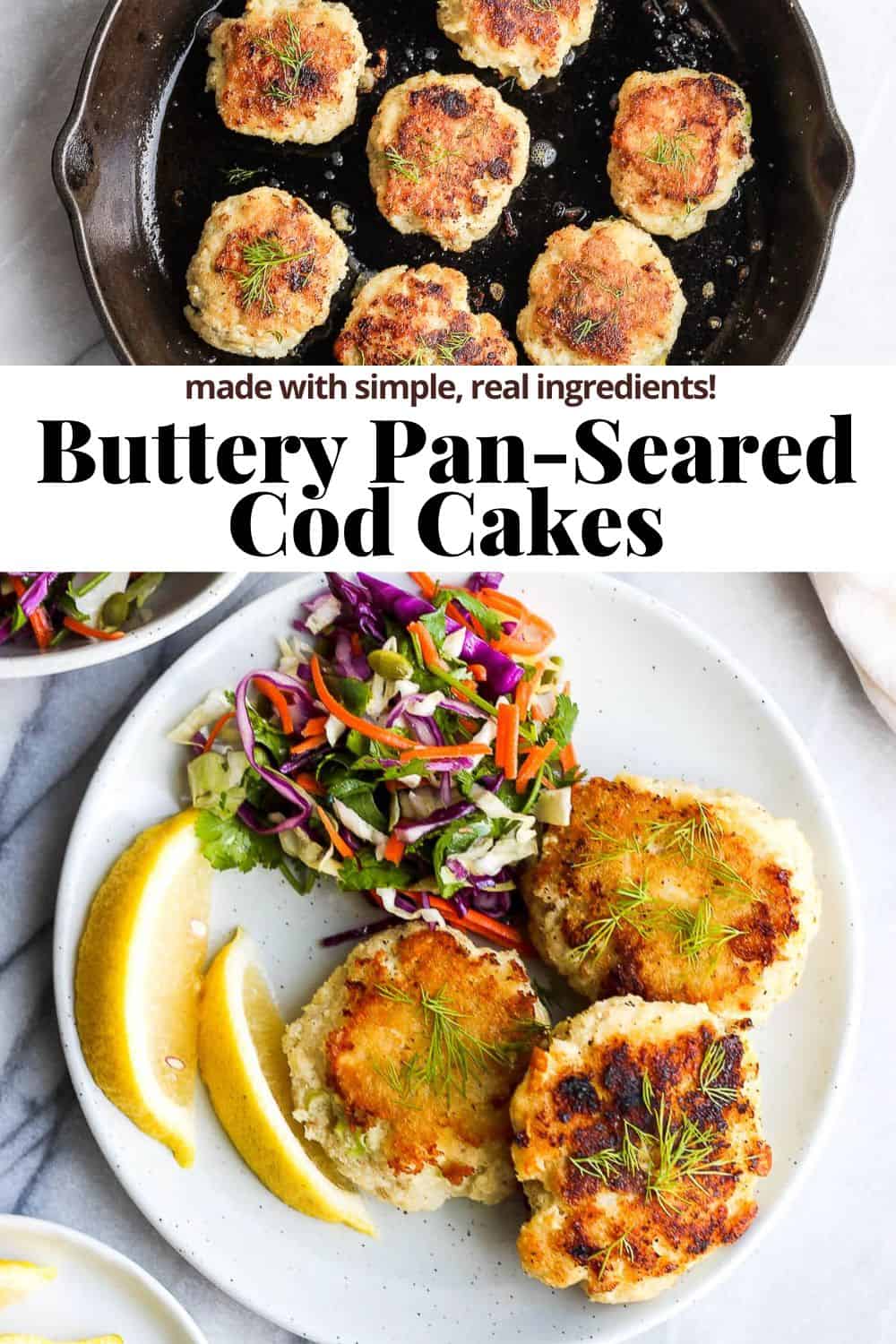 Pinterest image for pan-seared cod cakes.