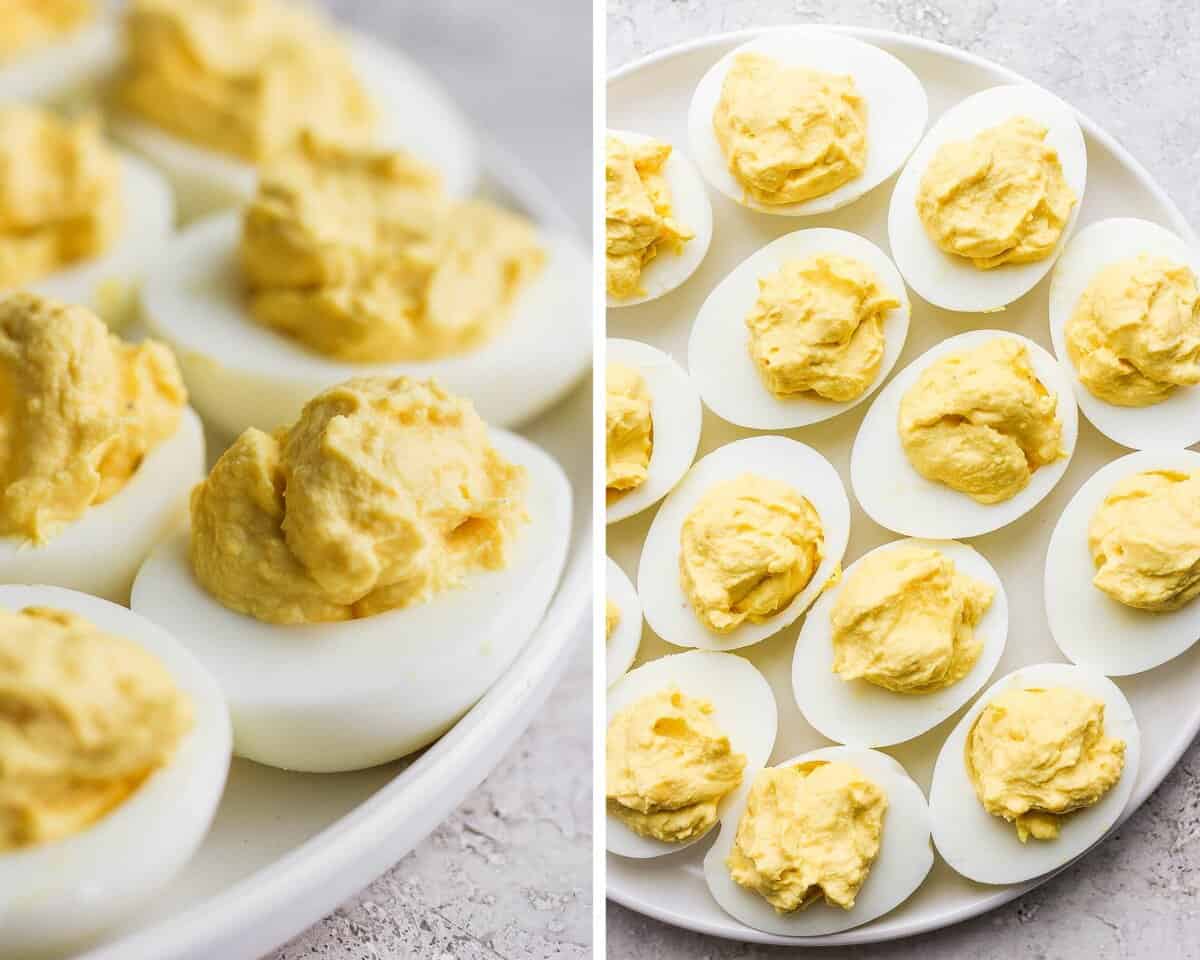 Two images of the filling back in the empty egg halves.