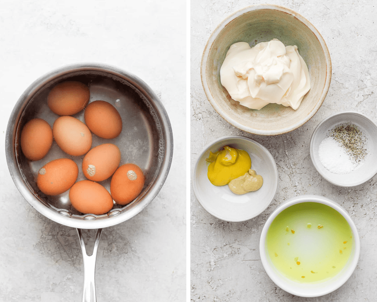 Two images showing eggs hard boiling in a saucepan and the other filing ingredients in small bowls.