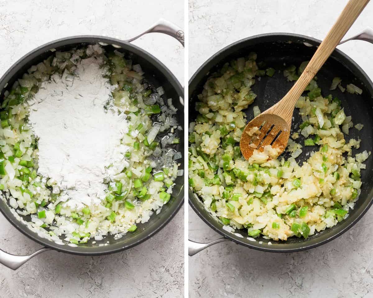 Two images showing the onion, pepper, and garlic sautéed in the pot with flour added and then mixed together.
