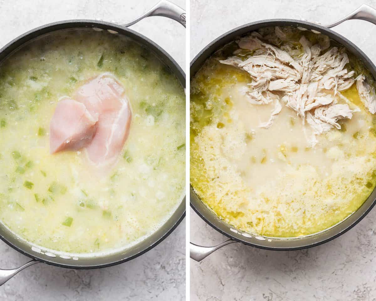 Two images showing the raw chicken being added and then the cooked chicken returning to the pot after being shredded.