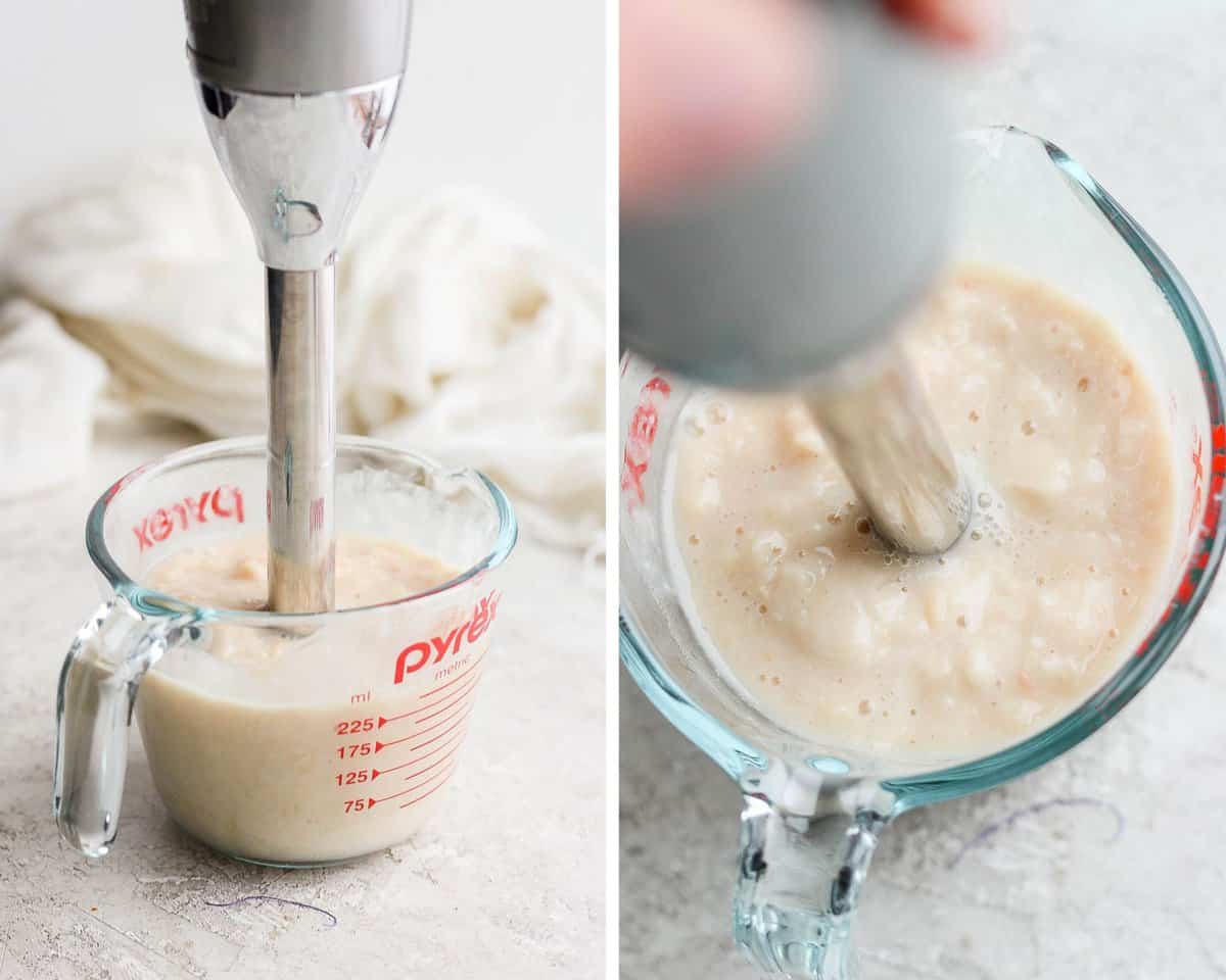 Two images showing the cannellini beans being blended in a mixing cup with an immersion blender.