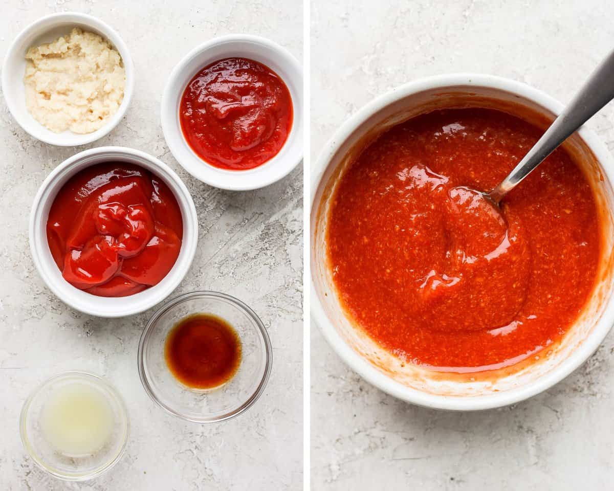 A side by side image showing the individual cocktail sauce ingredients measured out into separate bowls.  The image next to it shows all of those ingredients mixed into a small bowl with a spoon sticking out of the side.