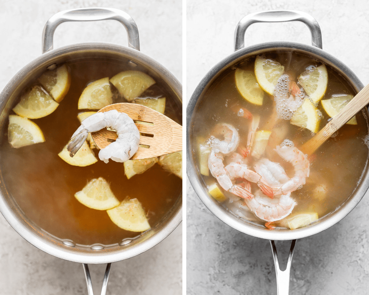 A side by side image showing a raw shrimp on wooden slotted spoon hovering over the pot of water and seasonings.  The next image shows the shrimp submerged in the boiling water.