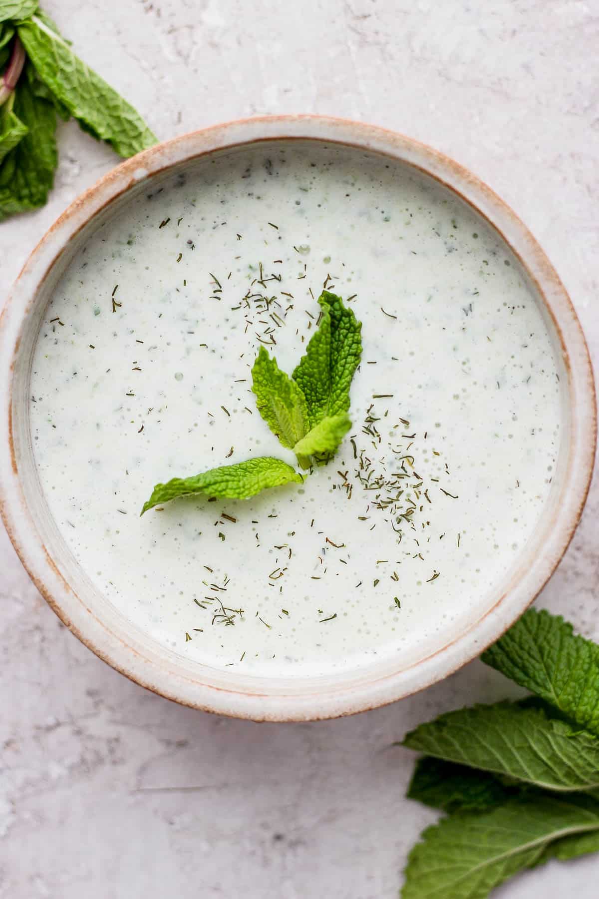 The sauce in a bowl garnished with fresh mint leaves and dill. 