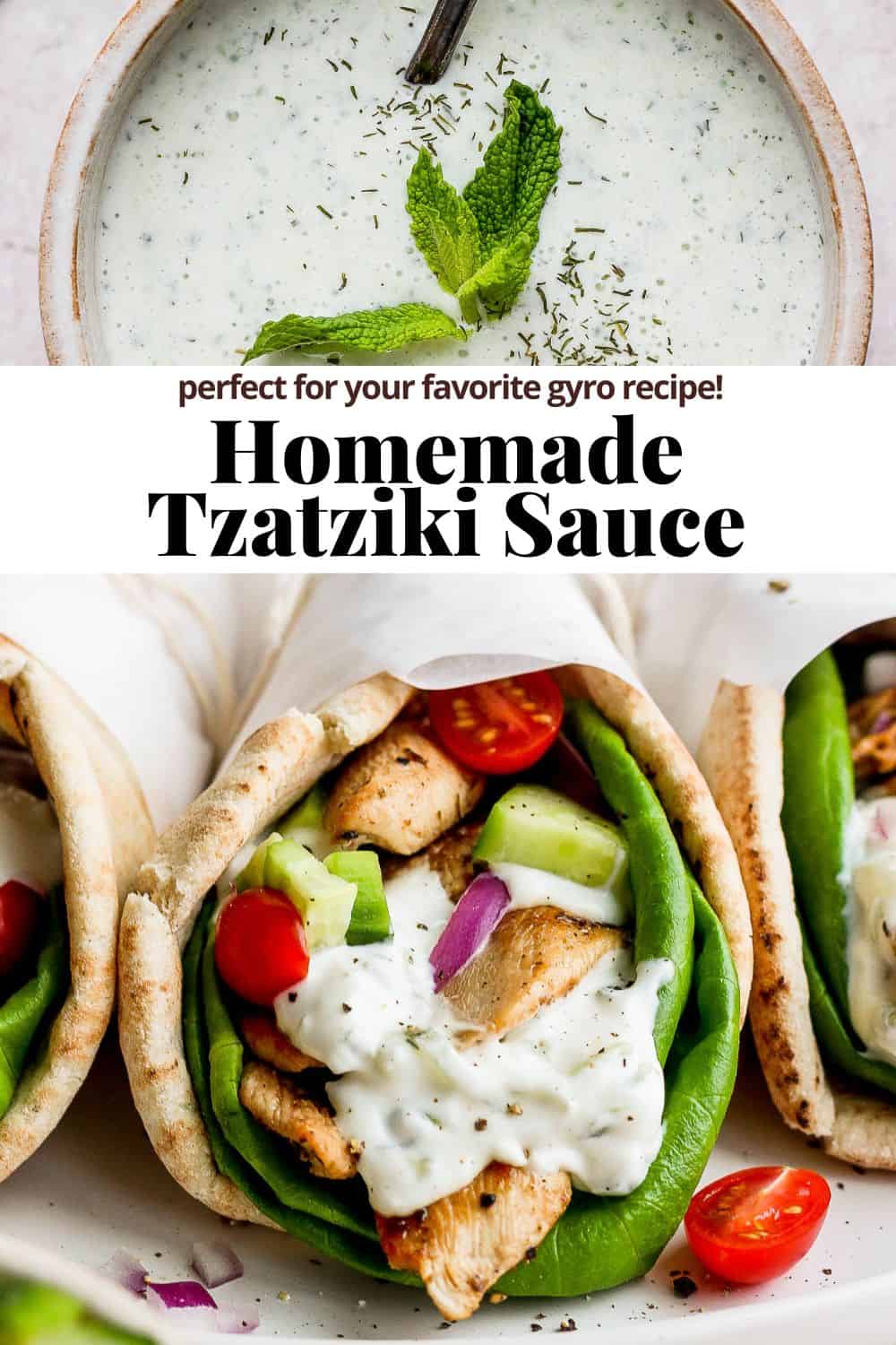 A pinterest image showing a bowl of sauce on the top, the recipe title in the middle, and sauce on a gyro on the bottom.