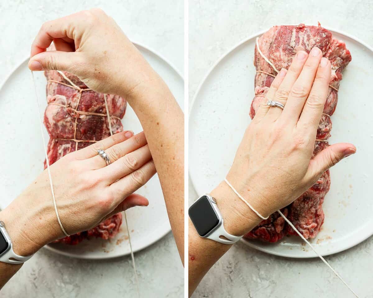 Two images showing two hands starting to tie twine around a raw tenderloin.