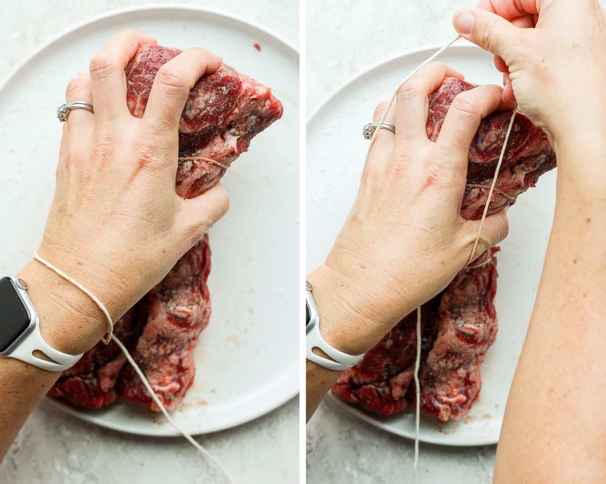Two images showing a hand holding the tenderloin and then another pulling the twine over the end of the meat.