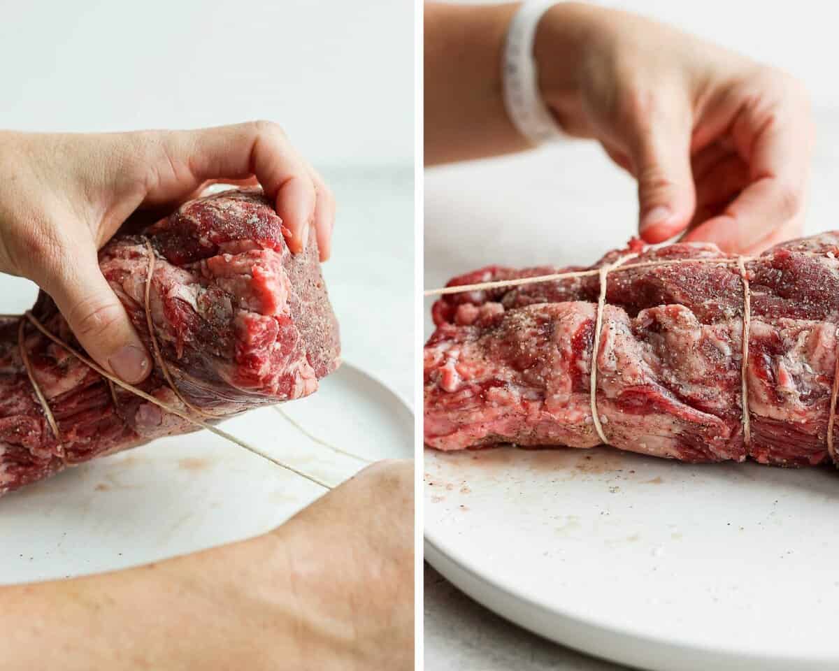 Two images showing two hands securing the twine around the tenderloin.