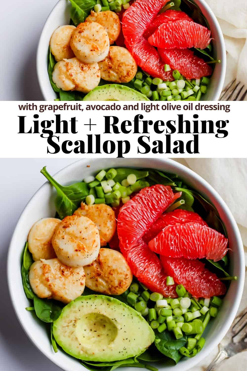 Pinterest image for seared scallop salad.