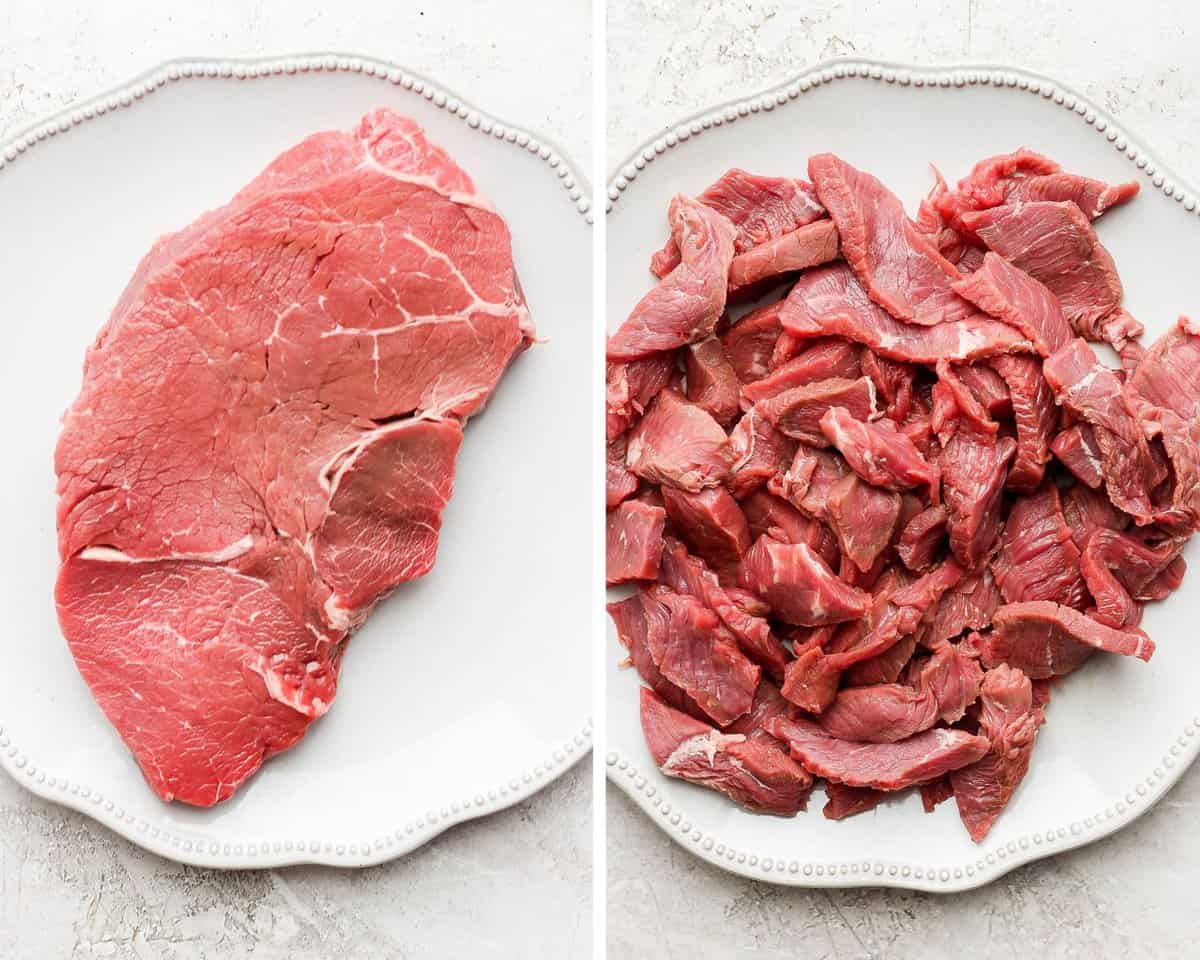 A side by side image, with the first image showing a full cut of sirloin steak on a white plate. The second image shows that same sirloin steak cut into 2-inch strips.