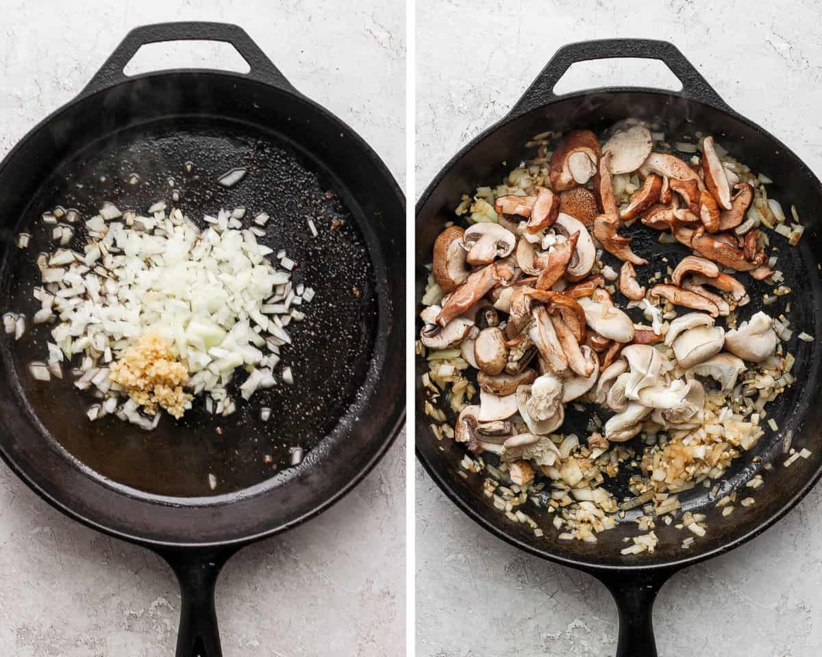 A side by side image with the first image showing minced garlic and diced onion being sautéd in a cast iron skillet. The second. image shows the mushrooms being added on top of the garlic and onion mixture.