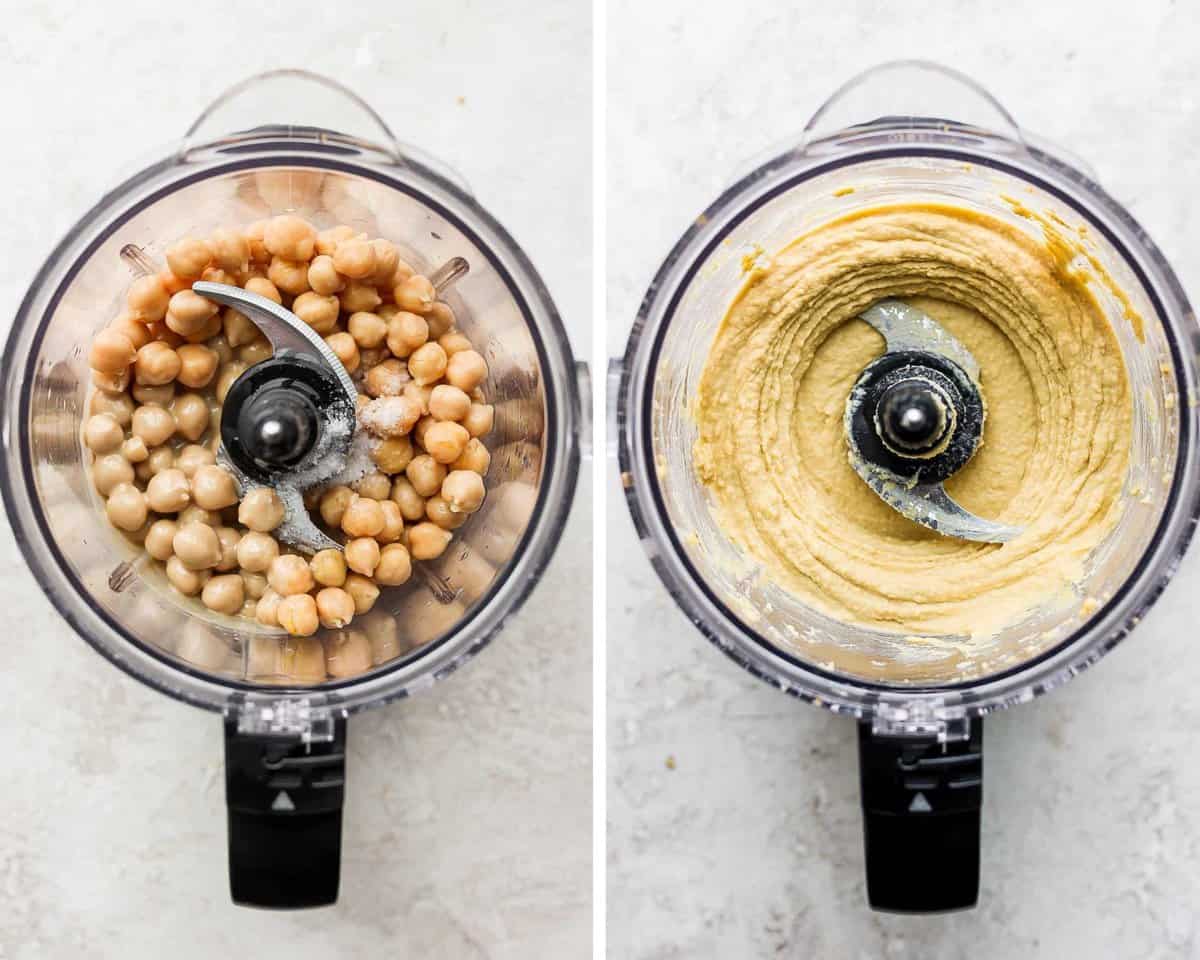 A side by side photo showing chickpeas, fresh lemon juice, olive oil, tahini, salt, and water placed inside a food processor. The second image shows all of those ingredients blended together to create a smooth hummus consistency. 