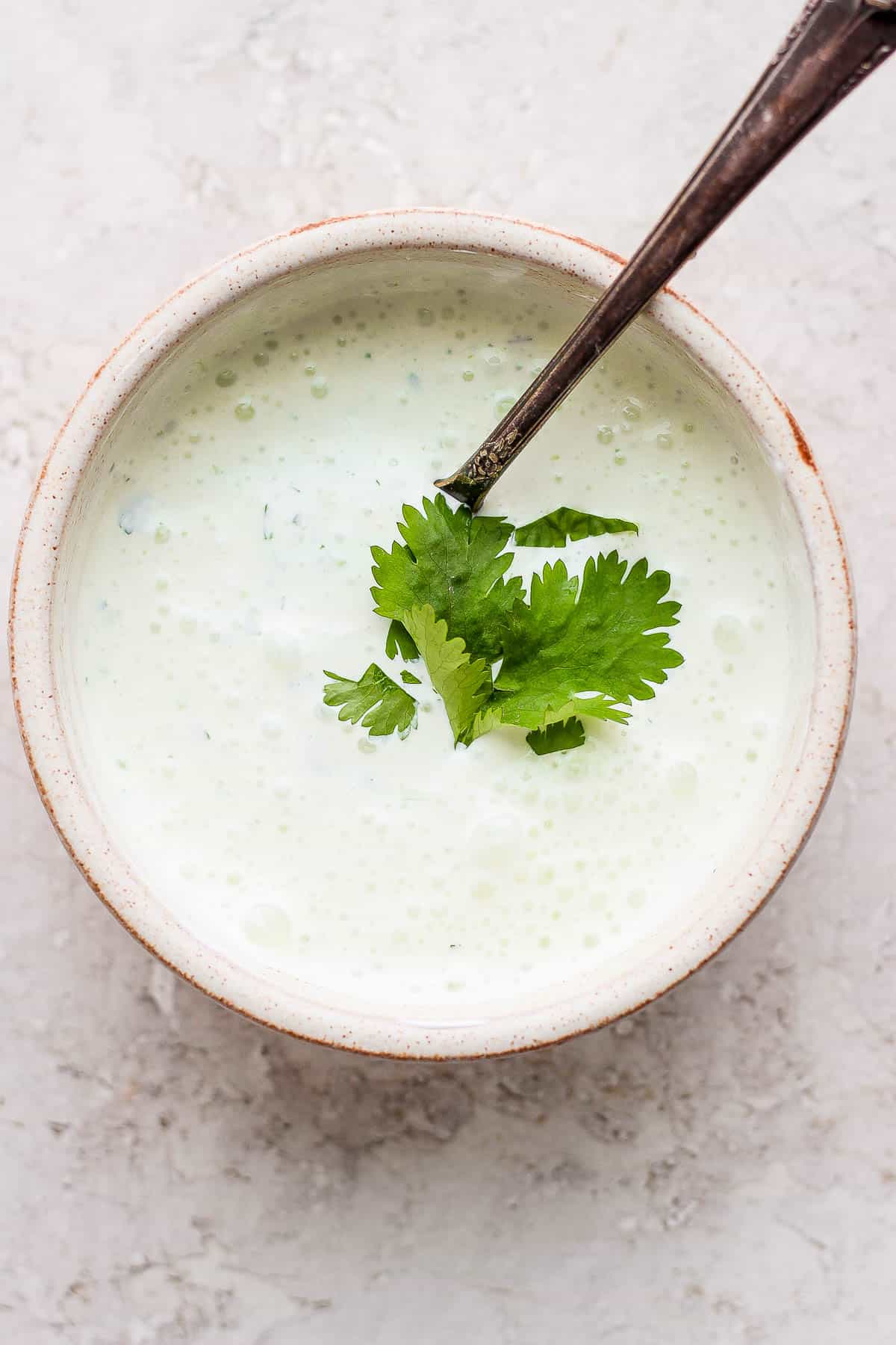 Cilantro lime sauce in a bowl with a cilantro leaf resting in the middle with a spoon in the sauce resting on the side of the bowl.