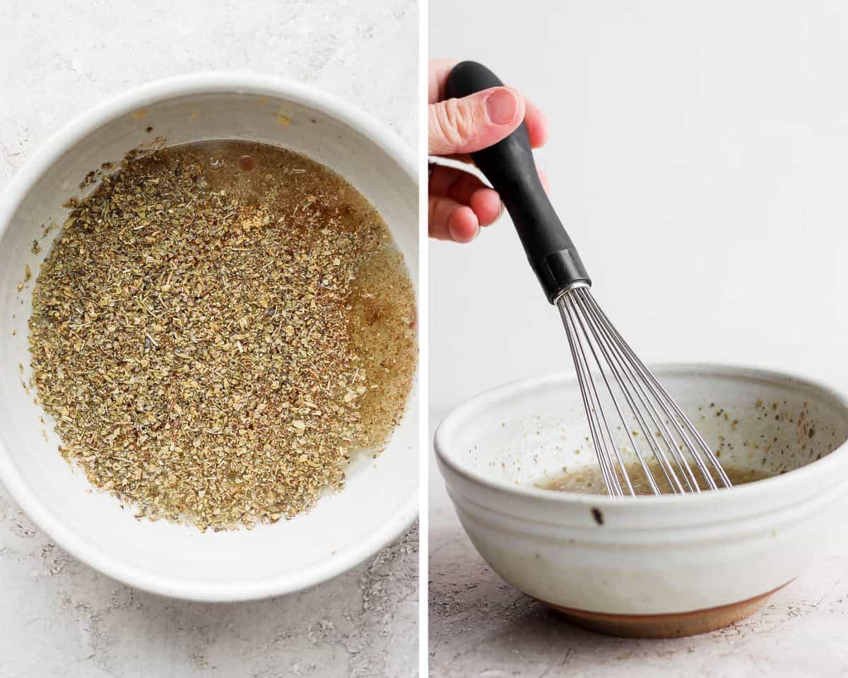 A side by side image showing a bowl full of the marinade ingredients.  The image next to it shows a whisk mixing those ingredients together.