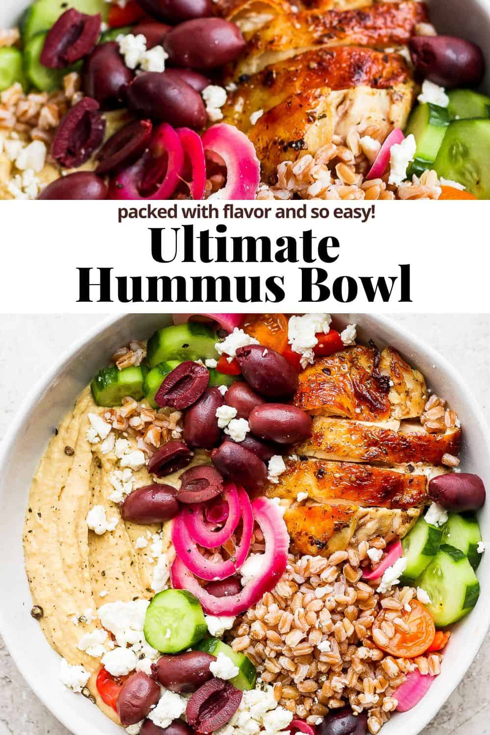 Pinterest image showing a close up of the hummus bowl, the recipe title, and then a wider shot of the entire hummus bowl.