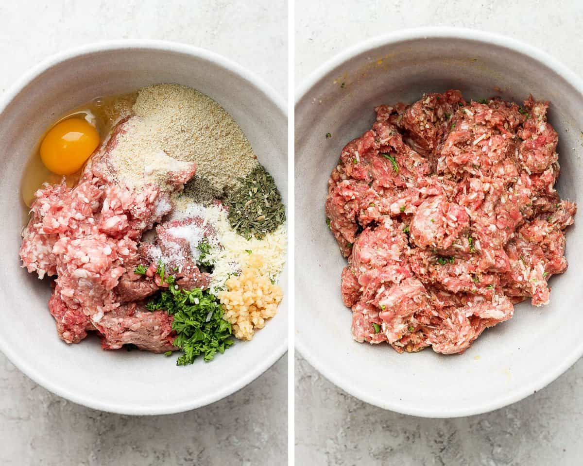 Two images showing the meatball ingredients in a bowl and then mixed together.