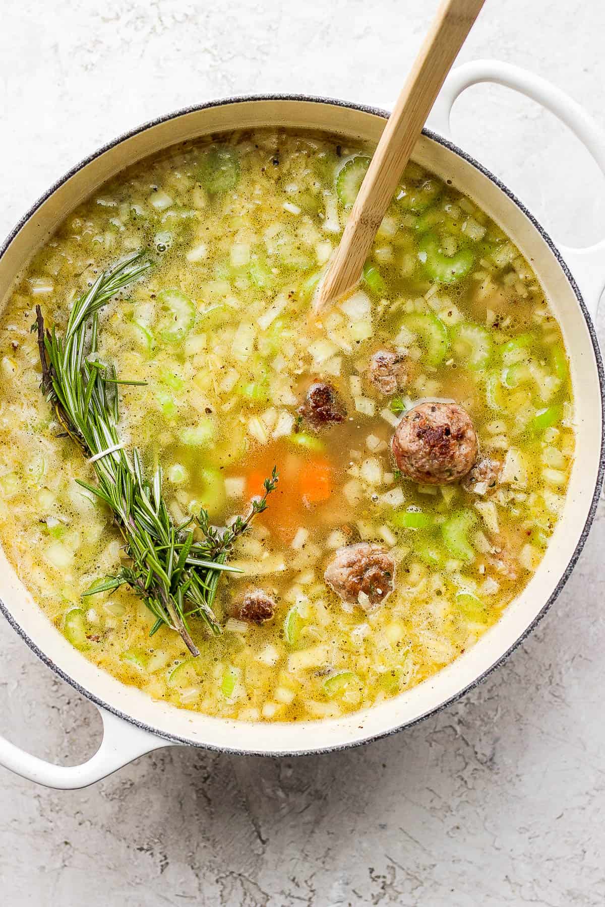 The pot with the rest of the soup ingredients added to simmer.