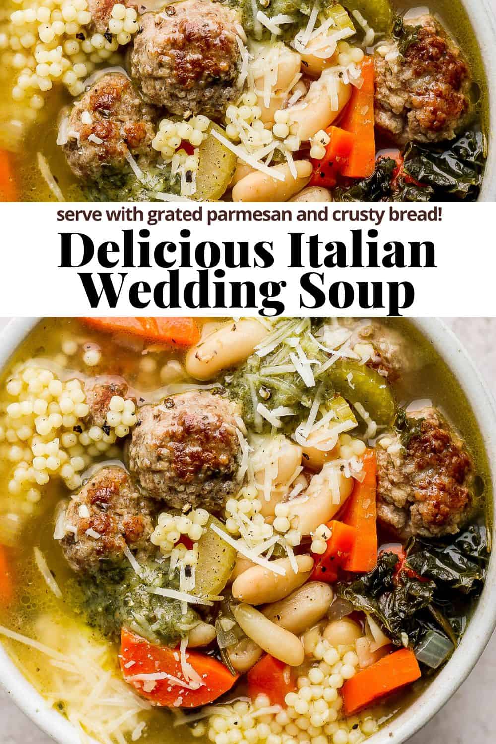 Pinterest image for Italian wedding soup.