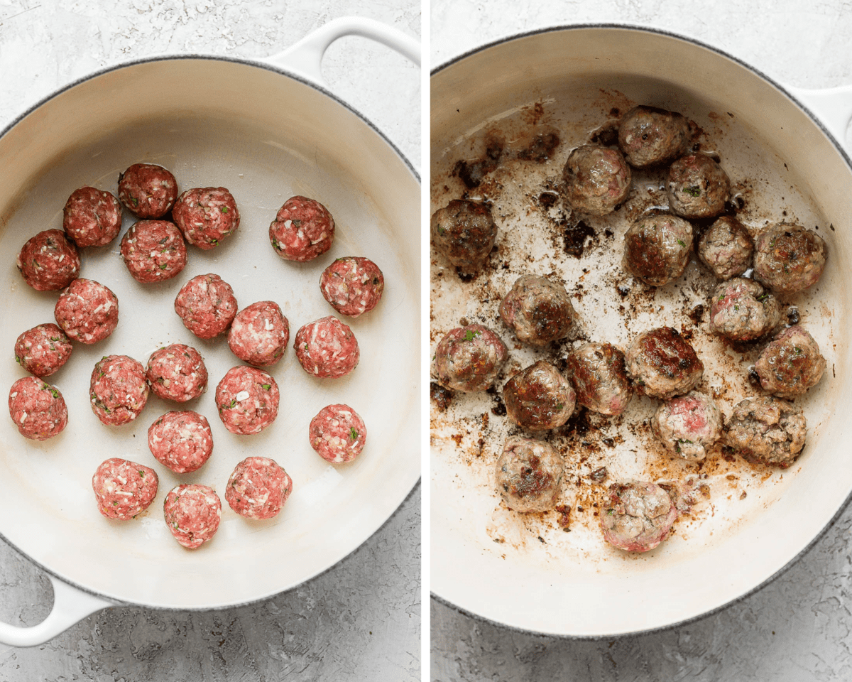 Two images showing the meatballs in a dutch oven before searing and then after searing.