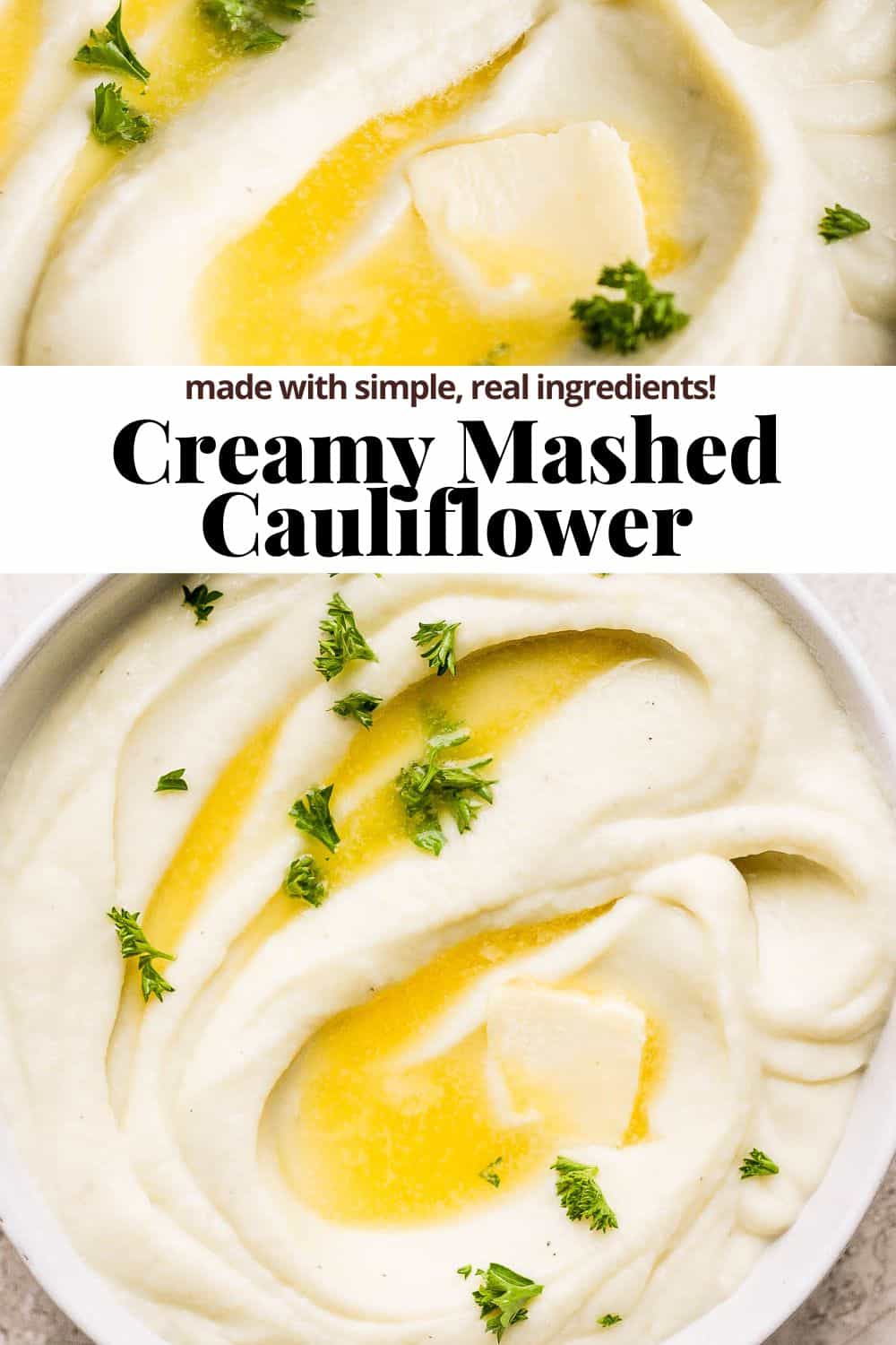 Pinterest image for creamy mashed cauliflower.